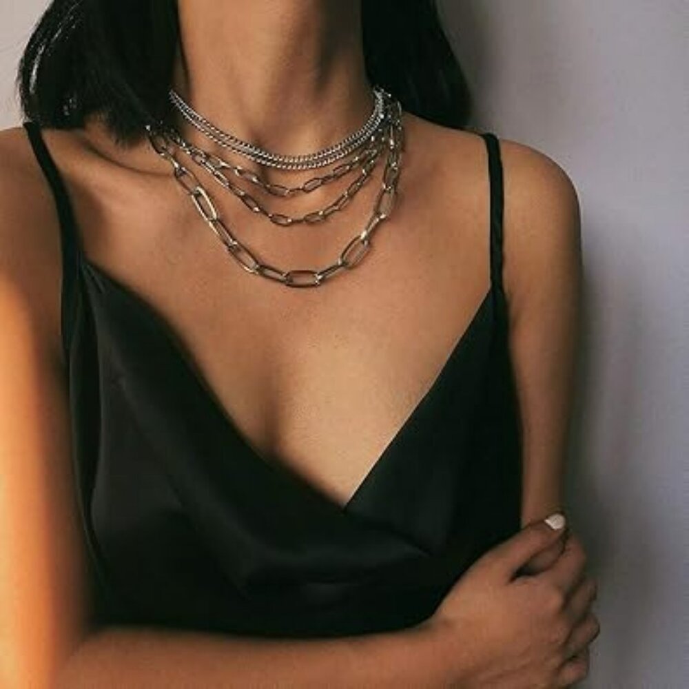 18" Layered Chain Necklace Silver Paperclip Chain Choker Rope Ball Chain Fashion
